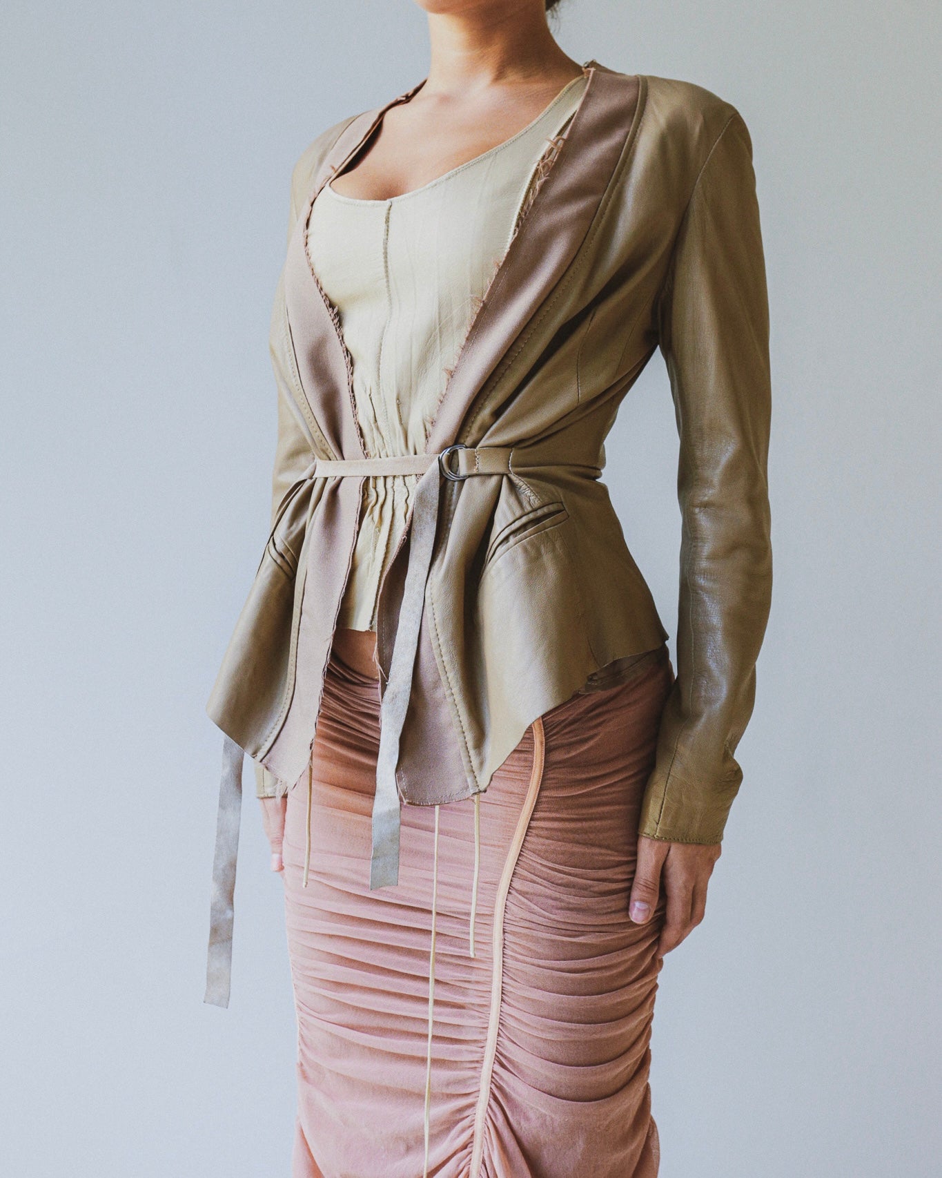 Leather jacket with cinch belt