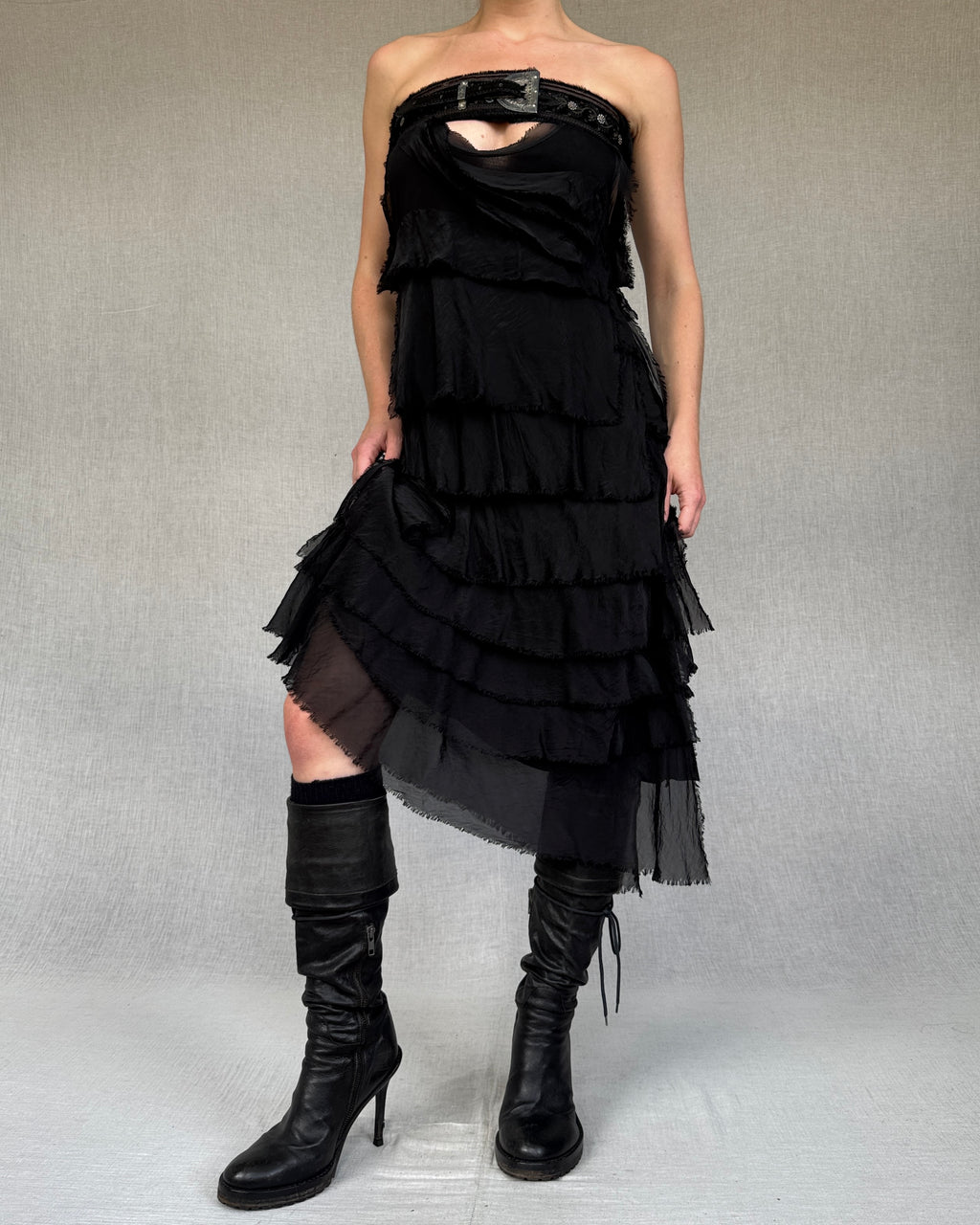 Distressed silk ruffled dress