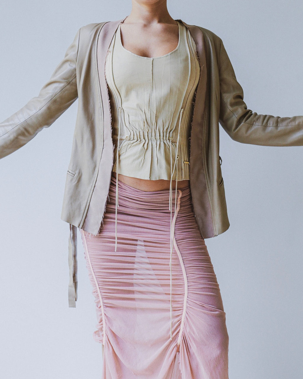 Leather jacket with cinch belt