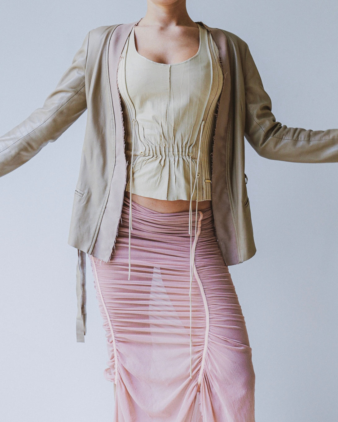 Leather jacket with cinch belt