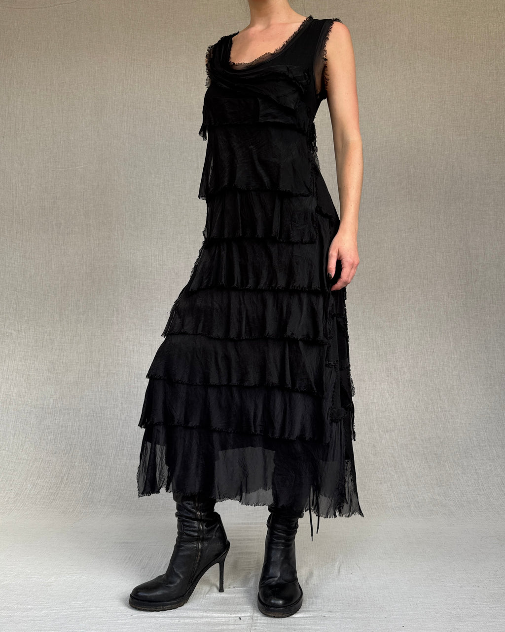 Distressed silk ruffled dress