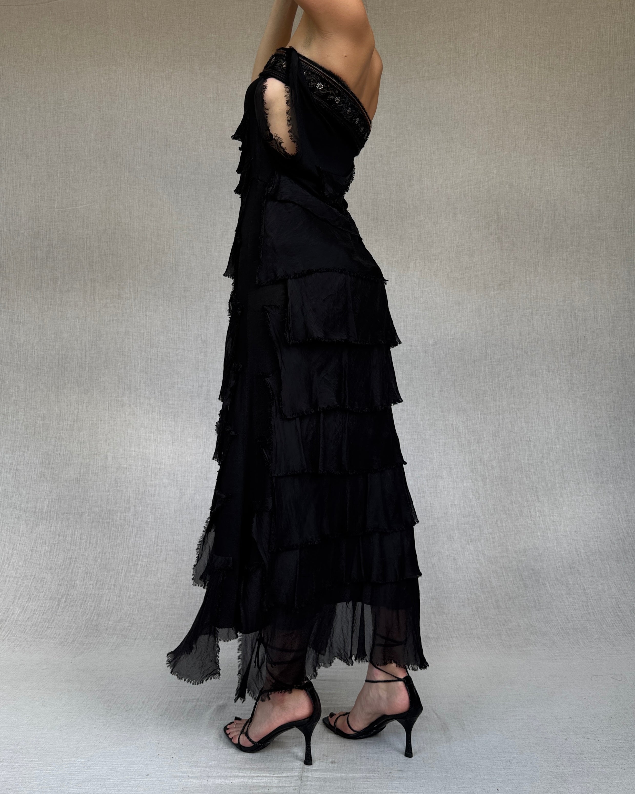 Distressed silk ruffled dress